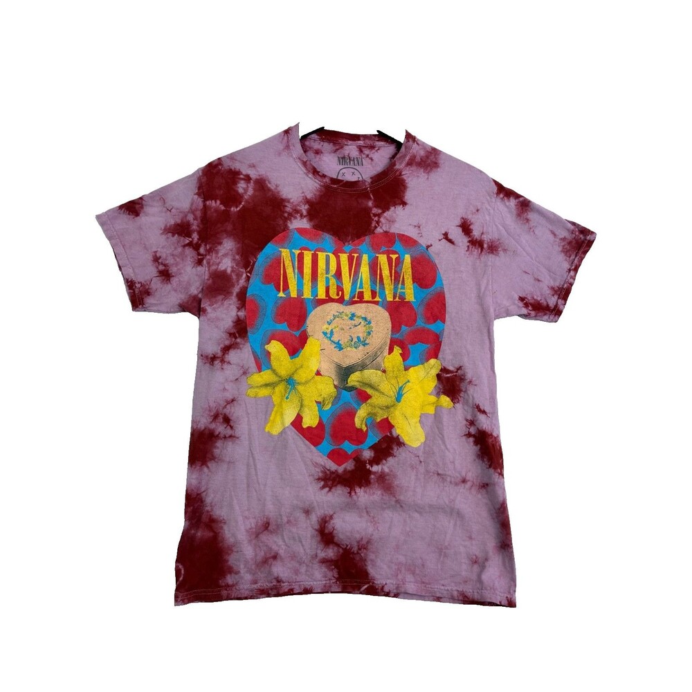 Nirvana Womens Medium Pink Red Tie Dye Heart Flowers Graphic Band T Shirt